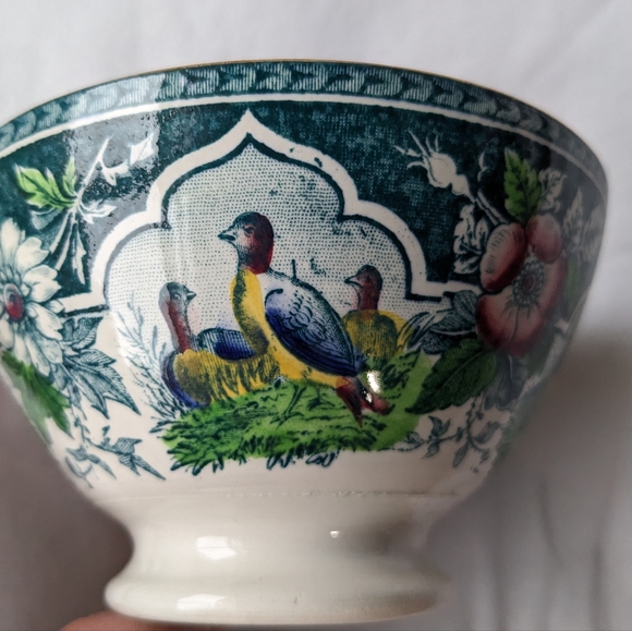 Antique PV France Pleasant Village Blue Floral Birds Open Sugar Footed Bowl - Picture 3 of 14